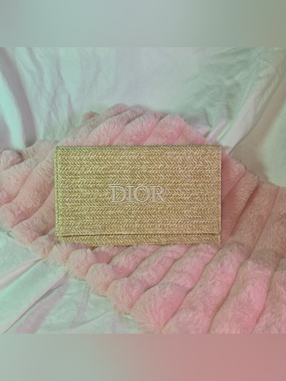 Dior Natural Straw Envelope Clutch with White Logo